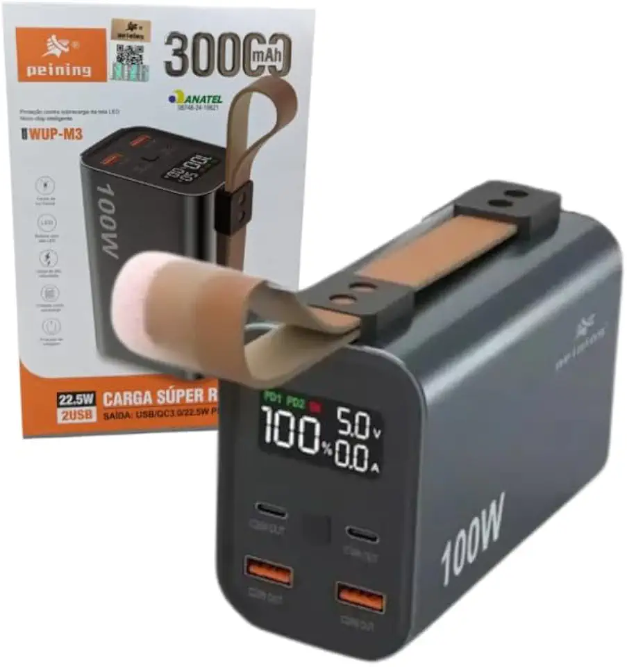 Carregador Portátil 30000mAh 100W compatível com Star-link e Notebook, Power Bank com Display Digital, 4 Portas USB-C e USB-A, Iluminação LED