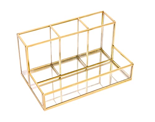 Image of Gold Glass Makeup Organizer with Mirror Base - Cosmetic Storage Holder for Lipstick, Nail Polish, Brushes - Vanity Organizer for Dressing Table - 20 x 12 x 10 cm