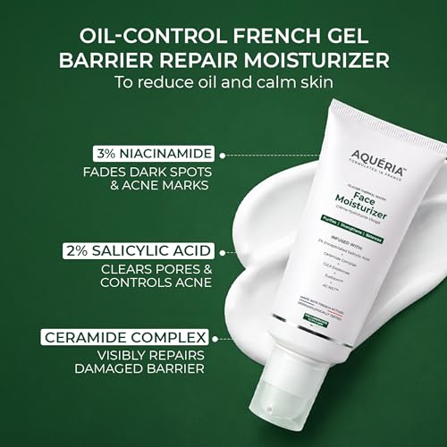 Image of Aqueria Oil Free Gel Based Daily French Moisturizer | 2% BHA, 3% Niacinamide with Ceramides, Cica & Multi Actives | Controls Oil, Repairs Skin Barrier & Clears Pores | Lightweight, Fast Absorbing, Non-Greasy, Non-sticky Hydration | Mattifying, Fragrance-Free Cream for Oily, Combination & Acne Prone Skin | 50g