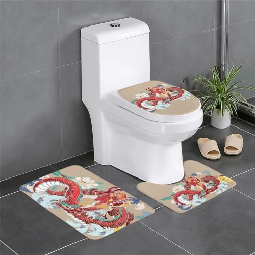 龍 竜 ドラゴン柄 和風 トイレマット 3点セット フタカバー 浴室足ふきマット 吸水 速乾 滑り止め 抗菌 防臭 洗える ふわふわ おしゃれ プレゼント 40x60cm