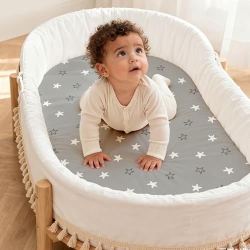 Image of Baby Bassinet Sheets 3 Pack, Fitted Cradle Sheets for Boys & Girls, Ultra Soft Breathable 32 inch x 16 inch, Universal Fit for Rectangle Round Oval Hourglass Mattress (Blue Gray Planet)