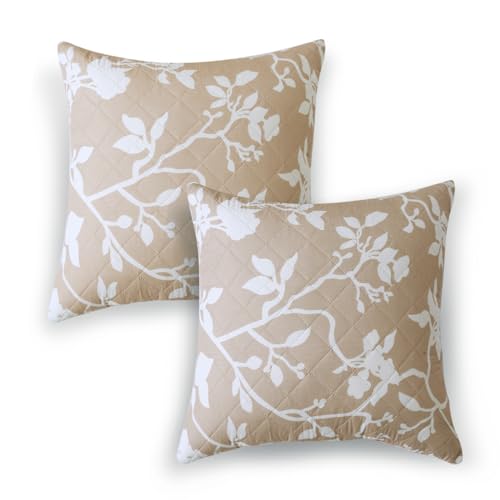 Image of HOKIPO 'Elira Series' Printed Quilted Cushion Cover for Sofa 16x16 Inches, Set of 2, Buff Brown Sillehoute Floral (AR-6231-C7*2)