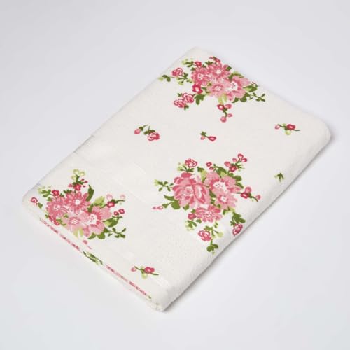 Homescapes 100% Baumwolle Frottee Handtuch Badetuch Creme mit Vintage Blumen Print und gestickter Bordüre – Ansicht 1