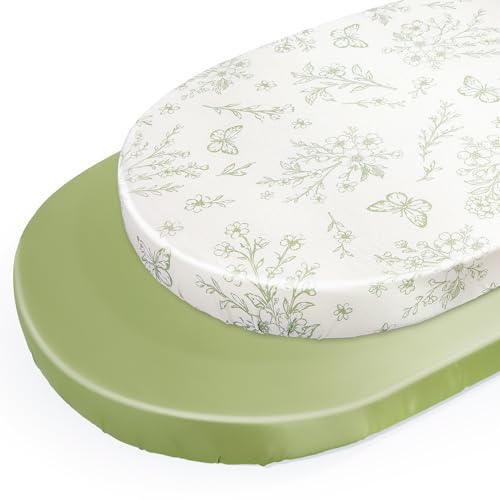 Image of Unicorn Castle Satin Bassinet Sheets Baby 2 Pack Soft for Baby Hair Skin Fitted Bedside Bassinet Sheets for Newborn for Oval Rectangle Hourglass Bassinet Mattress,Beige Floral- Dark Green