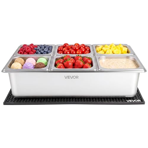 VEVOR Countertop Food Serving Display Container, Stainless Steel Food Salad Server Tray, Buffet Condiment Dispenser, Ice Cooled Rack with Separate Lid, for Restaurant, Hotel, Party (6x1/6 Pan) by VEVOR - Image 2