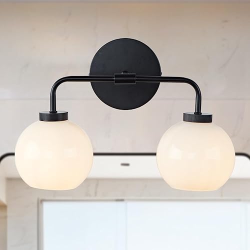 Aplique doble de globo de vidrio moderno de 17 pulgadas, lámpara de pared con acabado de metal negro mate para dormitorio, pantalla de vidrio