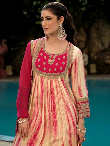 Image of INDO ERA Women's Silk Crepe Floral Embroidered A-Line Kurta & Pant with Dupatta Set (IEOUT161)