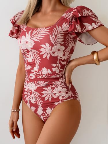 Image of Eomenie Women's Tummy Control One Piece Swimsuit Ruffle Square Neck Bathing Suit Ruched Cutout Back Slimming Swimwear