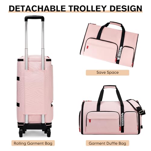 Rolling Garment Bags for Travel, Garment Bag with Wheels, Convertible Garment Duffel bag, Carry On Garment Bag with Shoe Compartment, Rolling Duffel Bag with Detachable Trolley System-Pink2