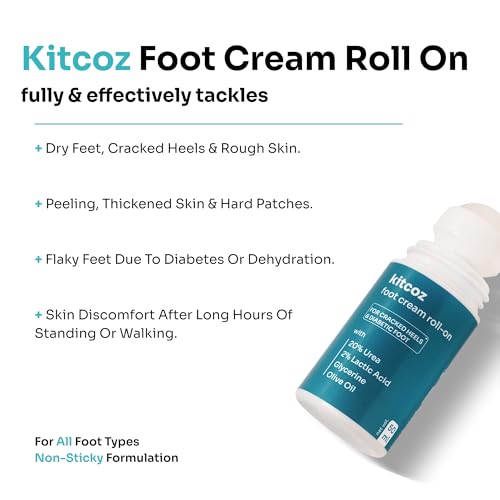 Image of Kitcoz Foot Cream Roll On with 20% Urea, 2% Lactic Acid, Glycerine & Olive Oil for Dry Feet, Cracked Heels & Diabetic Foot | Non Sticky Formulation - 50ml