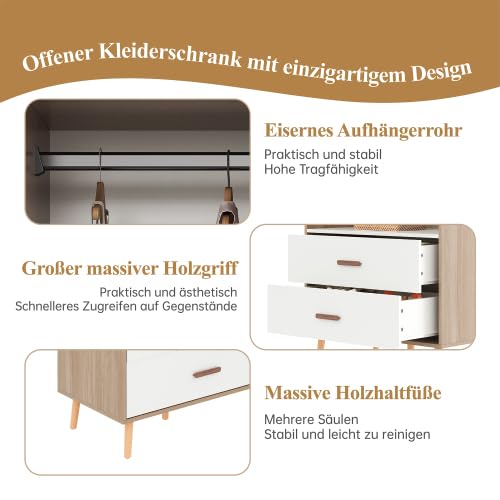 Merax Armoire pour enfant avec tringle à vêtements et tiroirs - Armoire ouverte - Blanc + bois naturel - 80 x 46 x 141,5 cm - Avec poignées en bois massif - Pour chambre d'enfant et chambre à coucher
