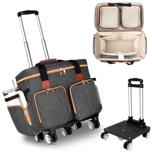 Sambois Sacola de professor de rodinhas com carrinho removível, bolsa de professor de 5 rodas com compartimento para laptop de 39.6 cm e organizador de arquivos sanfonados, pasta multifuncional com