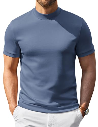 COOFANDY Mens Mock Turtleneck Sweater Short Sleeve 2026 Stylish Slim Fit Fashion Basic Underwear Misty Blue