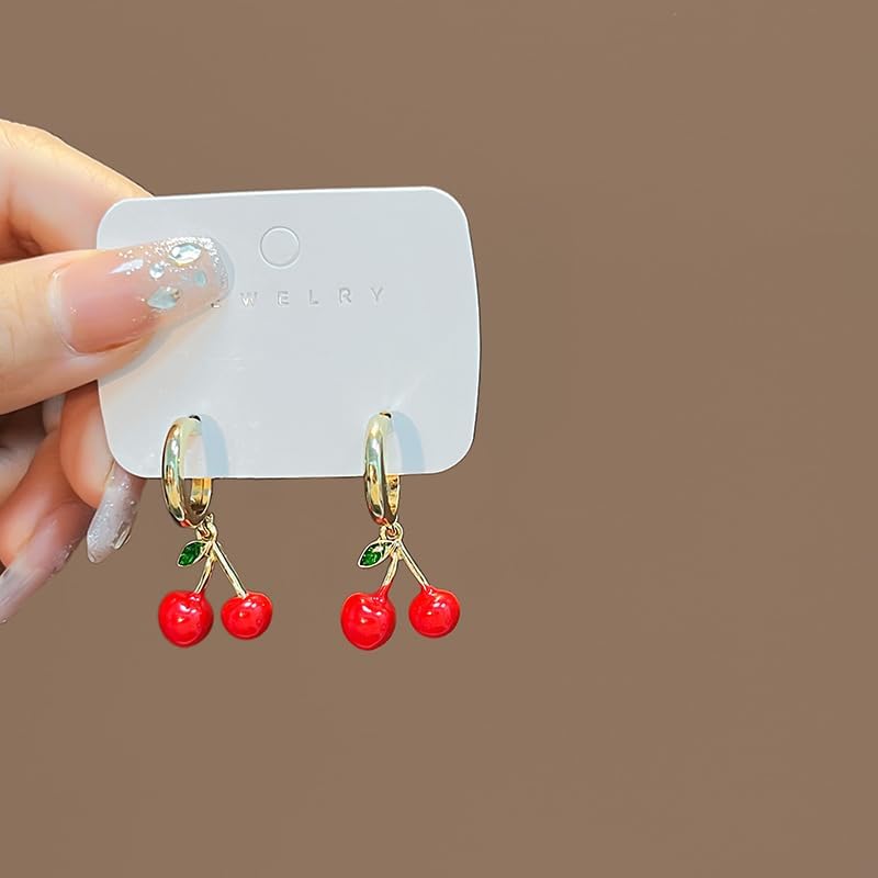 Anmpab Cute Strawberry Cherry Earrings for Women Sweet Red Fruit Cherry Strawberry Dangle Drop Hoop Earrings Jewelry Accessories - Image 6