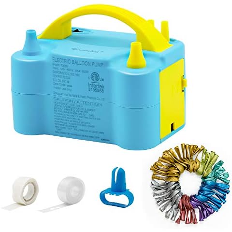 Tuomico Baby Blue Electric Balloon Pump Portable Balloon Air Inflator Dual Nozzles with 50 PCS 10in Colorful Metallic Balloons, knotter, Dot Glue, Tape Strip, 110V for Decoration/Parties/Activities Cover