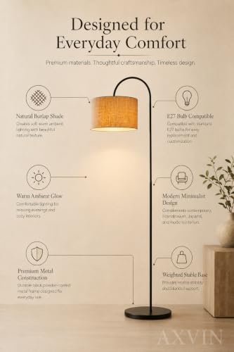 Image of Floor Lamp for Living Room & Bedroom | 60 inch Tall Arc Standing Lamp with Jute Shade | Corner Reading Lamp | Modern Home Decor Light | Matte Black Metal Base