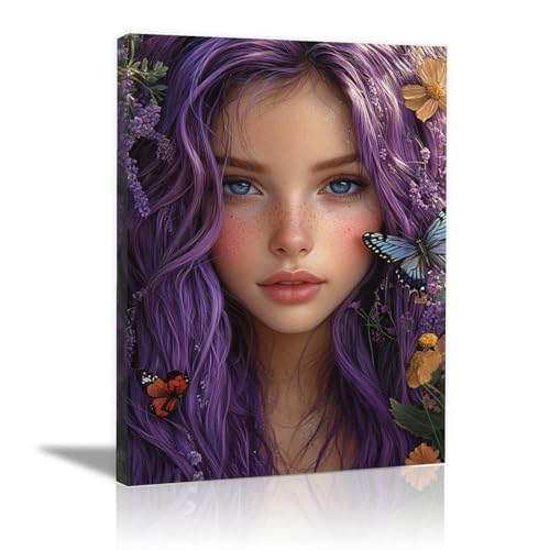 QUSAAOU PóSter Impreso Lienzo Joven cabello violeta mariposas ligeras mundo fantástico Con Retrato Mujer Africana Vintage éTnica Divertida Para Sala Estar DecoracióN Del Hogar -70x100cm1 Enmarcado