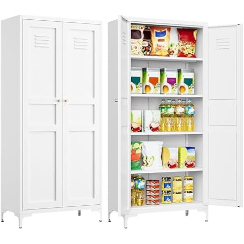 Metal Storage Cabinet with Doors and Shelves,White Storage Cabinet,Food Pantry Storage Cabinet,5 Tier Metal Pantry Cabinet,Tall Large Closet Cupboard for Home,Kitchen,Dining/Living/Laundry Room Cover