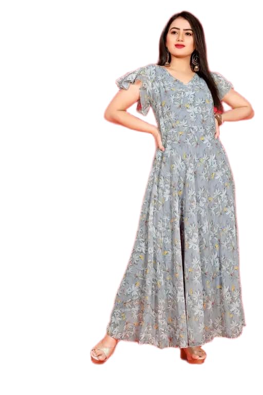 Women's Floral Print Long Georgette Kurti Gown with V-Neck and Flared Short Sleeves-image-46