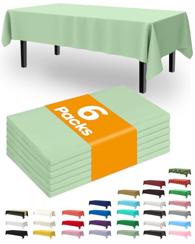 Image of Pureegg Plastic Table Cloth Disposable 6 Pack, 54 x 108 Inch, Sage Green | Easter Party, Spring Celebration, Pastel Theme, Waterproof, Sage Green, Tablecloth