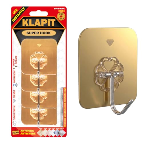 Image of KLAPiT Super Hook - Heavy Duty Adhesive Wall Hooks, No Drilling, Waterproof, Damage-Free Hanging Solution for Bedroom, Bathroom, and Kitchen Items - Gold, 4 pcs.