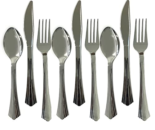 Juego de 18 cubiertos de plástico plateado metálico, vajilla de color, tenedores, cucharas, cuchillo, fiesta, boda, postre, picnic, barbacoa, Navidad, catering, reutilizable, jardín, fuerte vajilla de