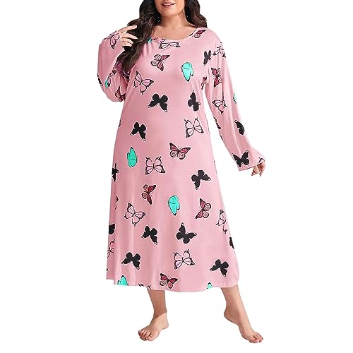 Camisones para mujer, talla grande, pijama de algodón para mujer, súper suave, cuello redondo, camisón con estampado de mariposa, manga larga, ligero, para respirar, camisones y camisones sin botones