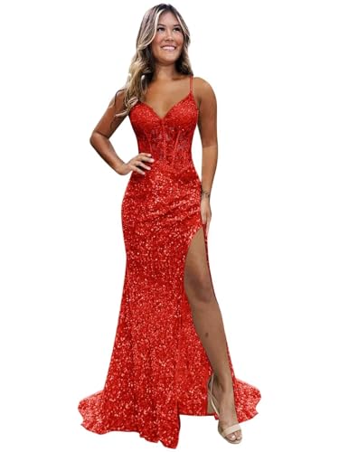 Miao Duo Women's Sequin Sparkly Mermaid Prom Dresses with Slit 2025 Long Spaghetti Straps Formal Evening Dress YZTS211