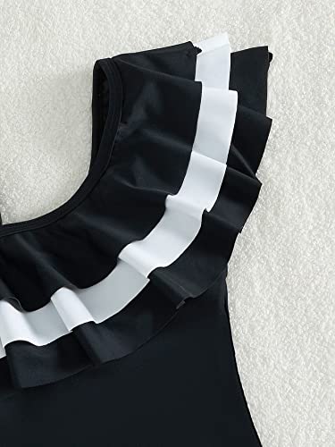 Oyoangle Girls' Colorblock Ruffle One Shoulder One Piece Swimsuit Bathing Suit Black 10Y #TOP2