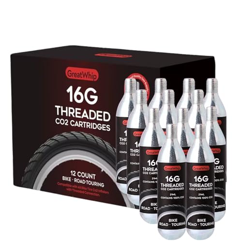 GreatWhip 12 x 16g Threaded CO2 Cartridges for Bike Tires CO2 Cartridges Refills for CO2 Inflator CO2 Pump for Road and Mountain Bikes12 Count