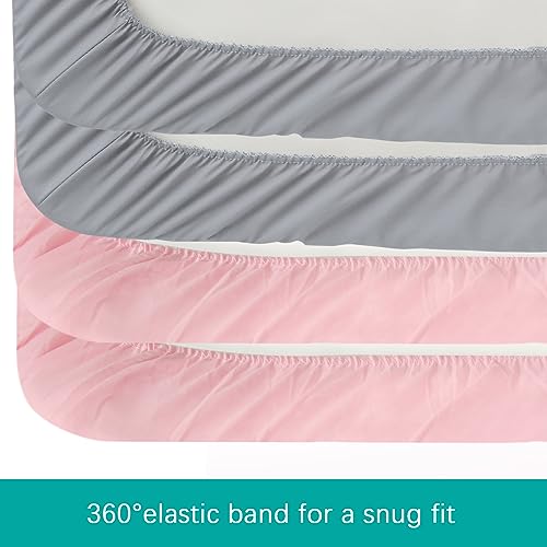4-Pack Fitted Mini Crib Sheets for Boys and Girls - Breathable, Soft Microfiber Baby Sheets in Grey and Pink