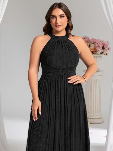 Image of Ever-Pretty Plus Women's Floor Length A-Line Halter Sleeveless Pleated Glitter Plus Size Formal Dress Evening Gown