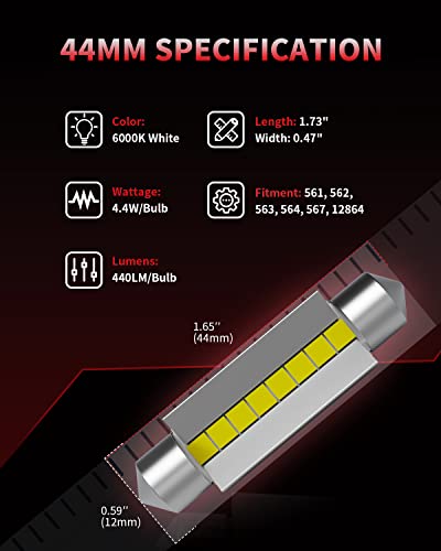 Image of LASFIT 44mm LED Bulb Festoon 561 562 564 567 Bulb Canbus Error Free 400LM 6000K Extremely Bright Use for Trunk Cargo Light, License Plate Bulbs, Xenon White Upgraded(Pack of 2)
