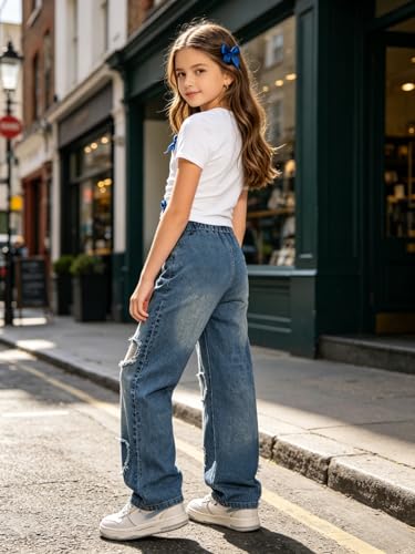 Image of Size 7-14 Years Girls 2 Piece Outfits Bow Short-Sleeved Top and Jeans Pants Clothing Set
