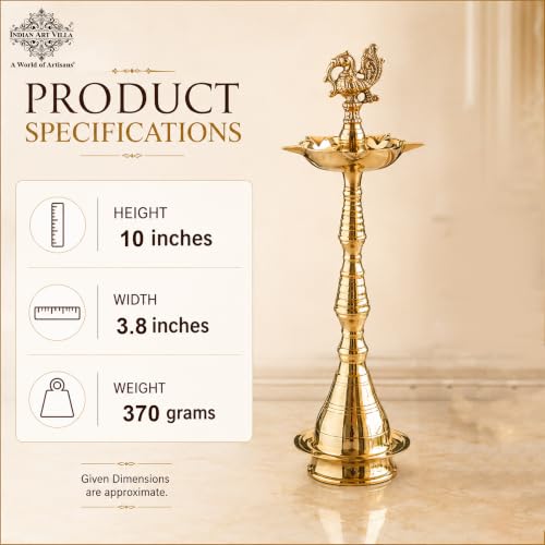 Image of Indian Art Villa Brass Stand Pillar Diya with Kerala Murga Design, Traditional Brass Oil Lamp for Pooja, Diwali, Home Temple, Mandir Decor, Festive Lighting & Spiritual Gifting, 10 Inch