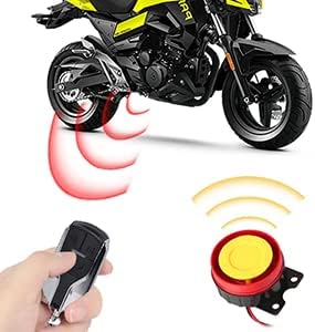 A hand holding the remote control, with a motorcycle and the alarm siren, illustrating the shock sensor activation.
