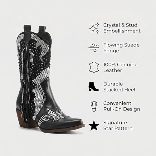 Image of Tsrenlmln Sparkly Rhinestone Cowboy Boots for Women - Pointed Toe Western Ankle Boots with Tassel, 3.74 inch Chunky Heel, Rivet Decorated Slip-On Booties, Party & Casual Wear