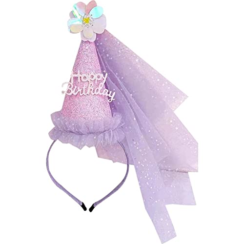 ハッピーバースデーヘッドバンド 誕生日 カチューシャ パーティーハット プリンセス クラウン ティアラ ベール付き 誕生日ヘアバンド ヘアフープ 子供用 ガールズ（紫）（Amazon）