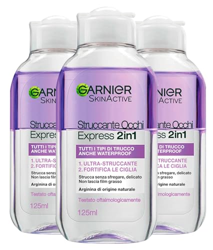 Garnier Skin Active Augen-Make-up-Entferner Express 2in1, entfernt Make-up, wasserfest, stärkt die Wimpern, sanfte Formel mit Arginin natürlichen Ursprungs - 3 Flaschen à 125 ml