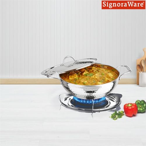 Image of Signoraware Artista Tri Ply Stainless Steel Hammered Deep Kadhai 24cm with Steel Lid | Elegant Finish | Even Heat Distribution | Ideal for Deep Frying & Daily Indian Cooking Needs (3.5 LTR | Steel)