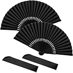 Soodyoow Folding Hand Fan, 2 Pcs Handheld Folding Fan, Black Folding Hand Fan for Women Men, Chinese Silk Fabric Handheld Fan for Dancing Cosplay Wedding Party Home Decorations Birthday Gifts
