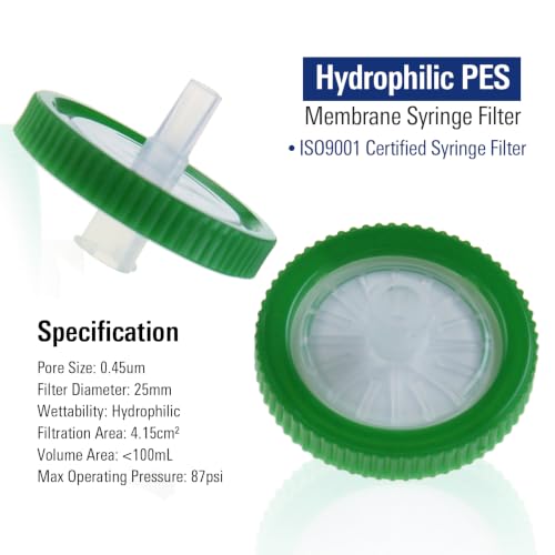 Image of PEKYBIO Sterile Syringe Filter, 25mm PES Filtration 0.45μm Pore Size with Green Smooth Ring, Individually Packed for Lab, Pack of 10