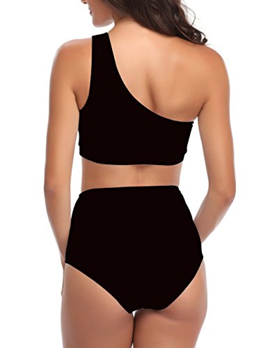 Nafleap Women One Shoulder Swimsuit High Waisted Bikini Set 2 Pieces Bathing Suit, Black, L #TOP5