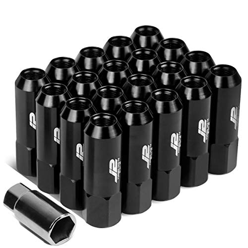 Image of J2 Engineering 20 Pcs 7075 Aluminum Tall Open End M12 x 1.25 Lug Nuts Set w /Socket Adapter, Black, Fit Conical Seat, LN-T7-003-125-BK