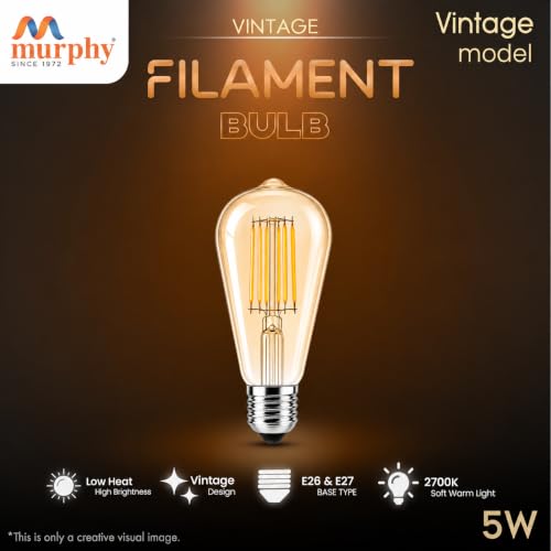 Image of Murphy 5W Vintage LED Edison Filament Bulb E27 Base | 2700K Warm Warm White | ST64 Antique Decorative Hanging Lamp | Energy Saving | 40W Equivalent | 6 Month Warranty | Pack of 1
