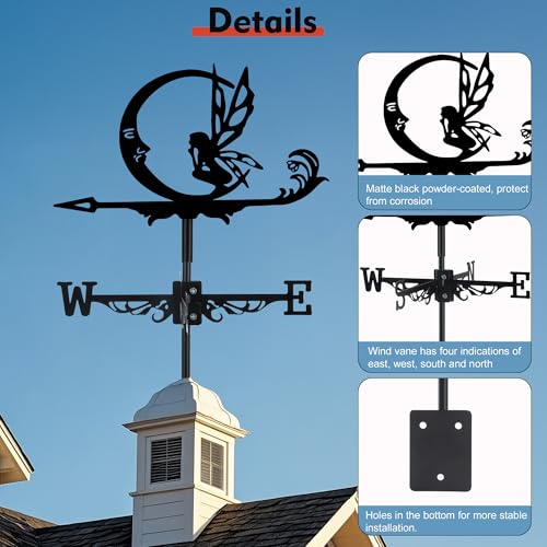 image for VESTCDF Fairy and Moon Weather Vane, Black Metal Weathervane Roof Moun