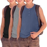 3-Pack Toddler and Boys Sleeveless Ribbed Henley Shirts (Age 5-12) only