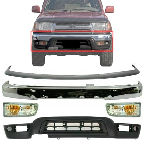 PARTSTUNT Front Bumper Face Bar Chrome Steel + Upper Filler + Lower Valance Primed + Signal Lights Right & Left Side For 1999-2002 Toyota 4Runner SR5 TO1095182 TO1002168 5391135911 5210135660