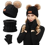 RQcMid Mütze Schal Set Mädchen, 3-teiliges Wintermütze Und Schal Set Kinder, Warme Beanie Kinder Mit schal, Schwarze Wintermütze kinder Für Kälte