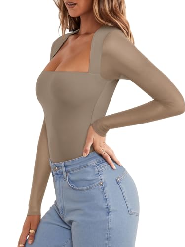 PINKMSTYLE Mesh Long Sleeve Tops for Women Sexy Square Neck Bodysuits Date Night Outfits Light Coffee Medium — view 3